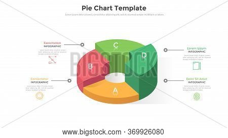 Volumetric Ring-like Pie Chart Divided Into 4 Sectors Or Pieces. Comparison Of Four Parts Of Busines