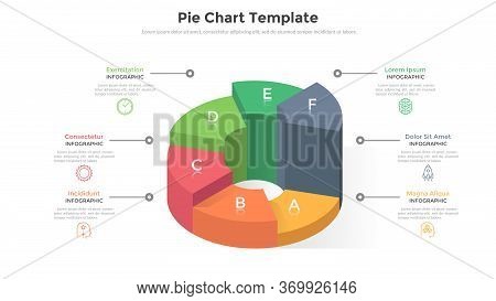 Volumetric Ring-like Pie Chart Divided Into 6 Sectors Or Pieces. Comparison Of Six Parts Of Business