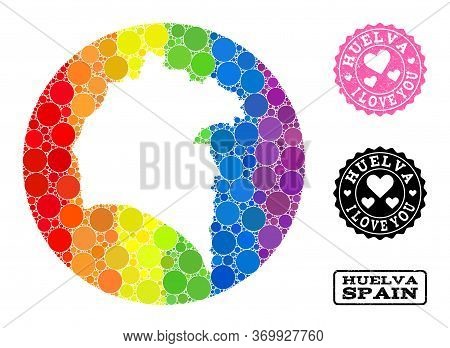 Vector Mosaic Lgbt Map Of Huelva Province With Round Blots, And Love Scratched Seal Stamp. Subtracti