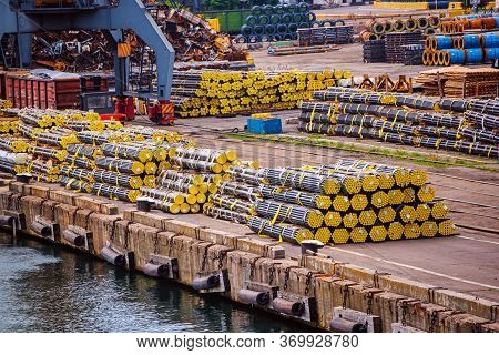 Industrial Goods And Containers With Products In The Marine Port. Sea Transportation Shipping Concep