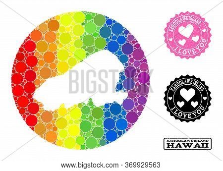 Vector Mosaic Lgbt Map Of Kahoolawe Island With Round Elements, And Love Scratched Seal. Stencil Rou