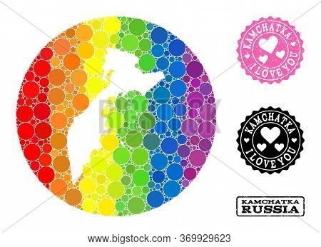 Vector Mosaic Lgbt Map Of Kamchatka Peninsula Of Circle Dots, And Love Scratched Stamp. Stencil Roun