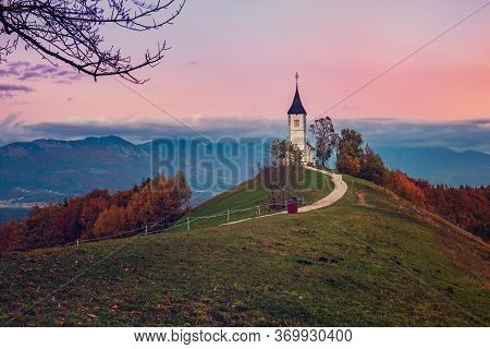 Beautiful Sunset Landscape Of Church Jamnik In Slovenia On Green Hill With The Trees And Pink Sky