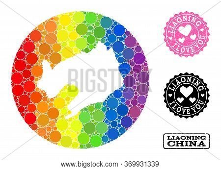 Vector Mosaic Lgbt Map Of Liaoning Province With Round Spots, And Love Rubber Seal. Subtraction Circ