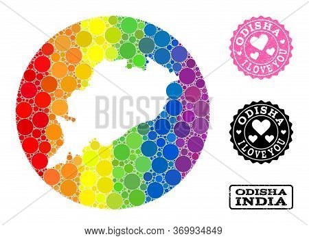 Vector Mosaic Lgbt Map Of Odisha State From Round Elements, And Love Rubber Stamp. Hole Round Map Of