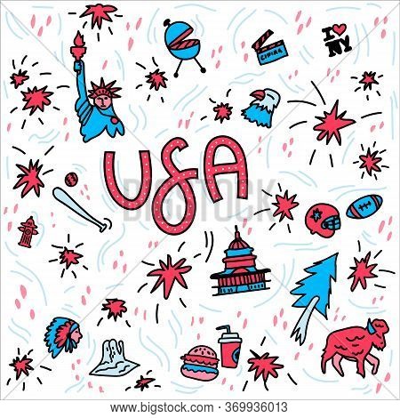 Hand-drawn Symbols Of The United States With Lettering. Doodle Style Illustration, Statue Of Liberty