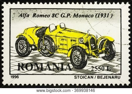 Moscow, Russia - June 03, 2020: Stamp Printed In Romania Shows Vintage Car Alfa Romeo 8c (1931), Ser