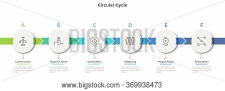Horizontal Chart With 6 Round Paper White Elements. Concept Of Six Successive Steps Of Business Stra