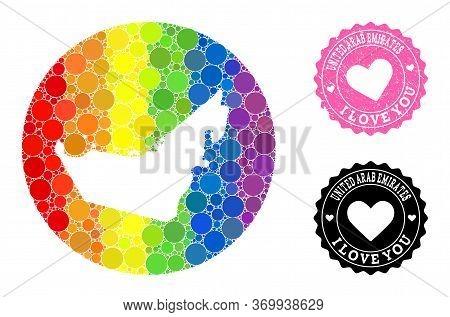 Vector Mosaic Lgbt Map Of United Arab Emirates With Round Items, And Love Rubber Seal Stamp. Hole Ci