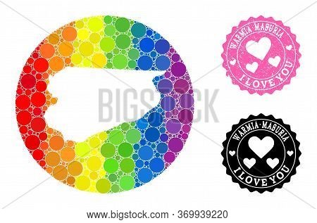 Vector Mosaic Lgbt Map Of Warmia-masuria Province From Round Dots, And Love Watermark Stamp. Hole Ro