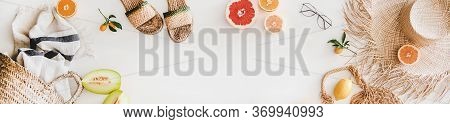 Summer Layout With Accessories And Fruits, Copy Space, Wide Composition