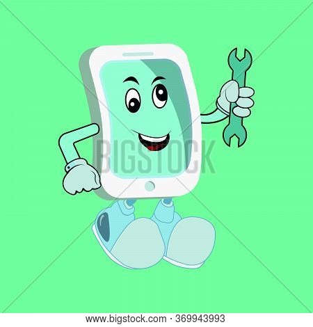 A Mobile Phone Repair Service Or Perhaps Plumber Or Mechanic App Cartoon Character Mascot Holding Sp