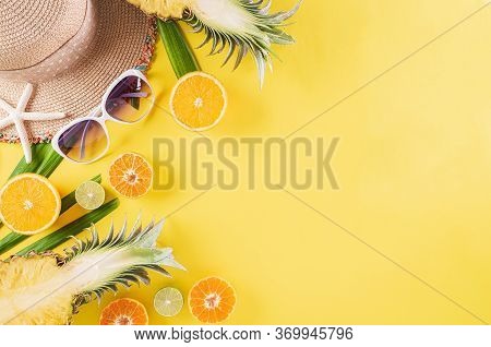 Colorful Summer And Holiday Concept, Straw Hat, Sunglasses, Palm Branches, Pineapple And Star Fishon