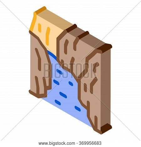 Flowing River Among Different Types Of Trees Icon Vector. Isometric Flowing River Among Different Ty