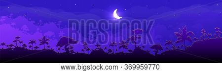 Jungle Flat Color Vector Illustration. Night Forest Scenery. Panoramic Woods With Cresent Moon. Trop