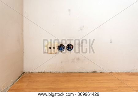 Row Of Electric Outlet Set In Bedroom Wall, Tv Outlet , Cable Outlet And Electronic Plug With Asia S