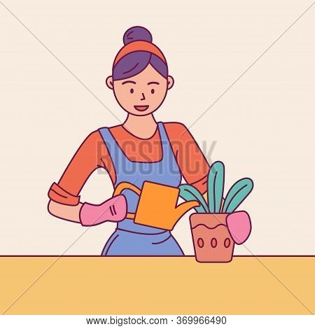 Young Woman Housewife Watering Houseplants From Watering Can On Table. Gardener Caring For Indoor Pl
