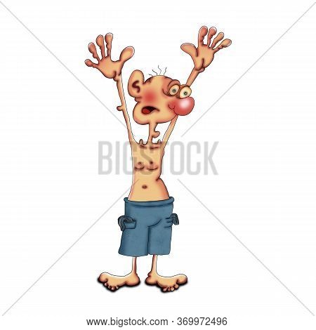 A Man Capitulates And Raises His Hands Up When He Is Robbed. Illustration On A White Background.