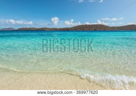 Coki Point Beach And Thatch Cay Island In The Background In St Thomas, Usvi, Caribbean. Summer Vacat