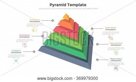 Pyramid Divided Into 6 Parts Or Layers And Place For Text. Concept Of Six Levels Or Stages Of Busine