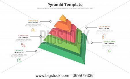 Pyramid Divided Into 5 Parts Or Layers And Place For Text. Concept Of Five Levels Or Stages Of Busin