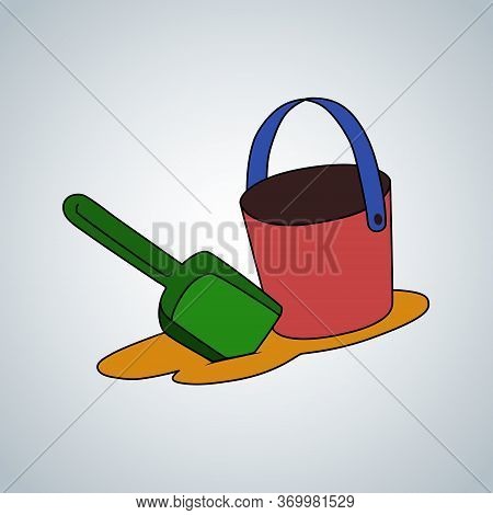 Children's Bucket, Shovel And Sand. Vector Illustration