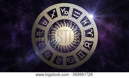 Zodiac Circle With Astrological Symbols. 13 Zodiac Signs In The Starry Space.