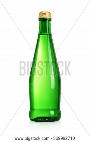 Green Glass Bottle With Still, Spring Or Mineral Water Without Label Isolated On White Background.