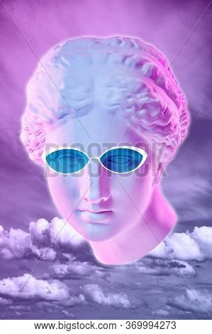 Collage With Plaster Antique Sculpture Of Human Face In A Pop Art Style. Creative Concept Colorful N