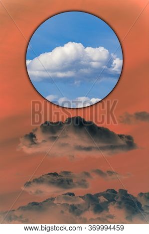 Aesthetic Modern Art Collage With Clouds Blue Sky In Style Of The 80-90s. Real Natural Sky Compositi