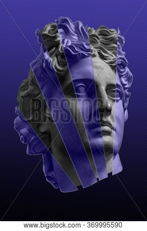 Collage With Plaster Antique Sculpture Of Human Face In A Pop Art Style. Creative Concept Colorful N