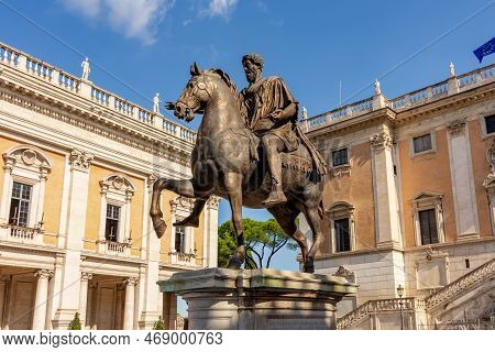 Statue Of Marcus Aurelius On Capitoline Hill In Rome, Italy