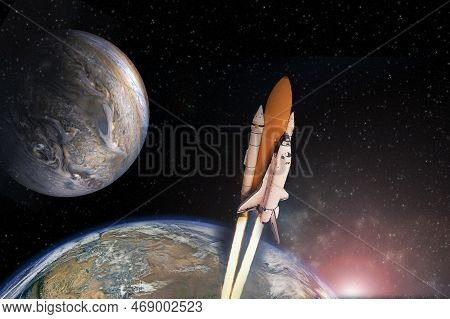 Cloudy Launch Of Rocket Into Starry Outer Space. The Elements Of This Image Furnished By Nasa