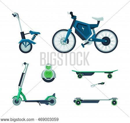 Eco Friendly Alternative Vehicles Set. Modern Electric Scooter, Gyro Board, Kick Scooter Cartoon Vec