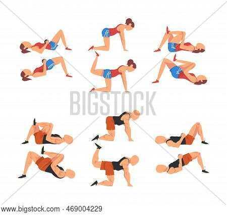 Athletic Woman Doing Exercises In Gym Set. Female Athlete Character Doing Physical Workout Cartoon V