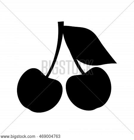 Cherry Fruit Black Silhouette, Simple Flat Black Filled Vector Icon, Fruit Symbol