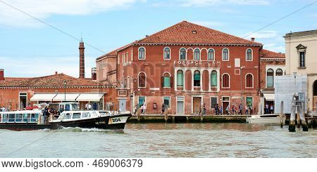 May 21, 2017 - Murano, Italy: Facade Of Picturesque Glass Factory Building In Murano. View From The 