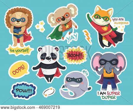 Superheroes Stickers Set. Collection Of Animals Wearing Masks And Capes With Super Strength. Panda, 