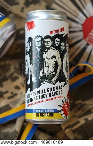 Kyiv, Ukraine - May 4, 2022 Localy Brewed Beer Called Fights Will Go On As Long As They Have To Feat