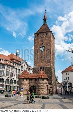 Nuremberg, Germany - May 08, 2022: White Tower Or Weisser Turm In The Old Town Nuremberg, Middle Fra
