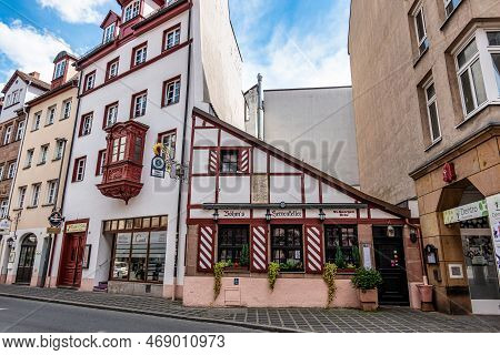 Nuremberg, Germany - May 08, 2022: Historic Facade Of Restaurant Boehms Herrenkeller In Nuremberg, B