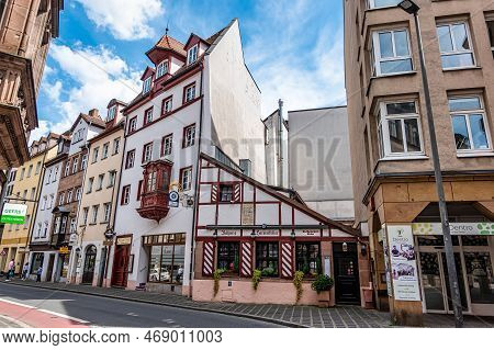 Nuremberg, Germany - May 08, 2022: Historic Facade Of Restaurant Boehms Herrenkeller In Nuremberg, B