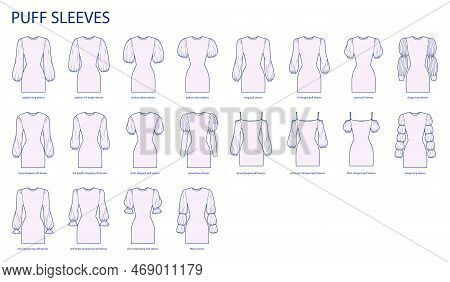 Set Of Puff Sleeves Clothes Dropped, Baloon, Virago, Marie, Paned, Drawstring Technical Fashion Illu