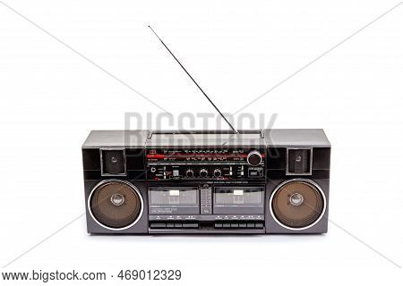 Black Douple Stereo Tape Deck With Antenna Isolated On White Background.