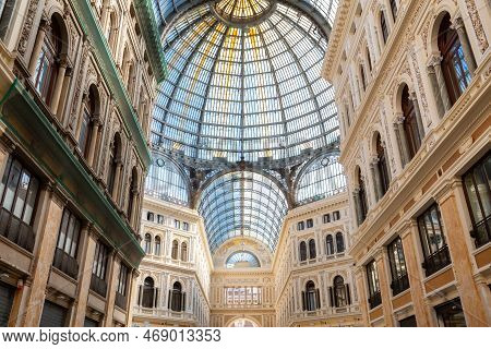 Historic Public Shopping Gallery With Old Architecture And Glass Arch Ceiling, Galleria Umberto I. N