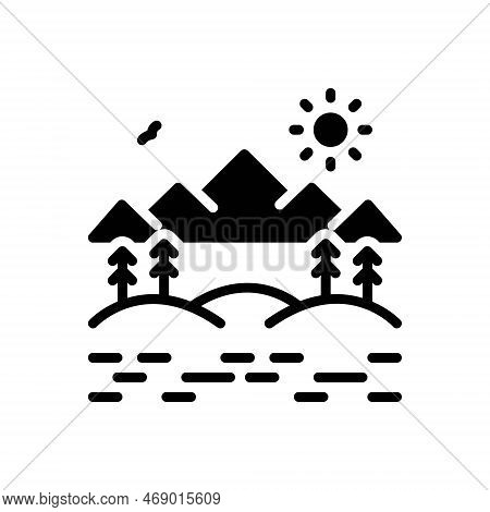Black Solid Icon For Valley Dale Vale Basin Dene Canyon Gulch Sunrise Mountain River Tree