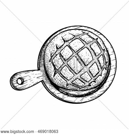 Loaf Of Bread On The Cutting Wooden Board. Hand Drawn Sketch Style. Top View. Fresh Bakery Product. 
