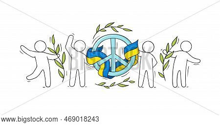 People Hold Sign Of Pacifism And The Flag Of Ukraine.
