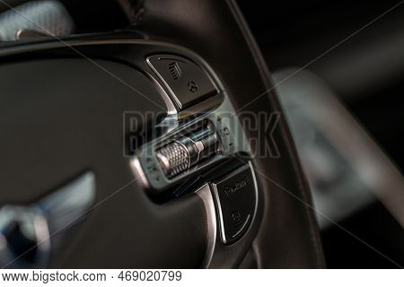 Cruise Control Switch Closeup. Adaptive Cruise Control Leaver. Cruise Control On Steering Wheel.