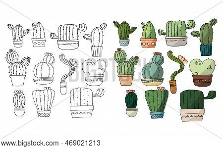 Cactus For Adult And Children Coloring Book. Flat